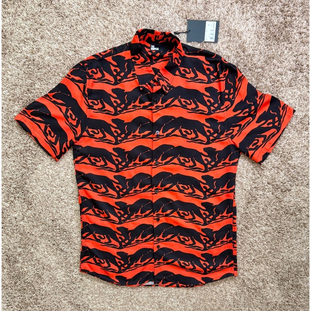 NWT The Kooples Mens Red-Orange Black Panther Print Viscose Short Sleeve Shirt M